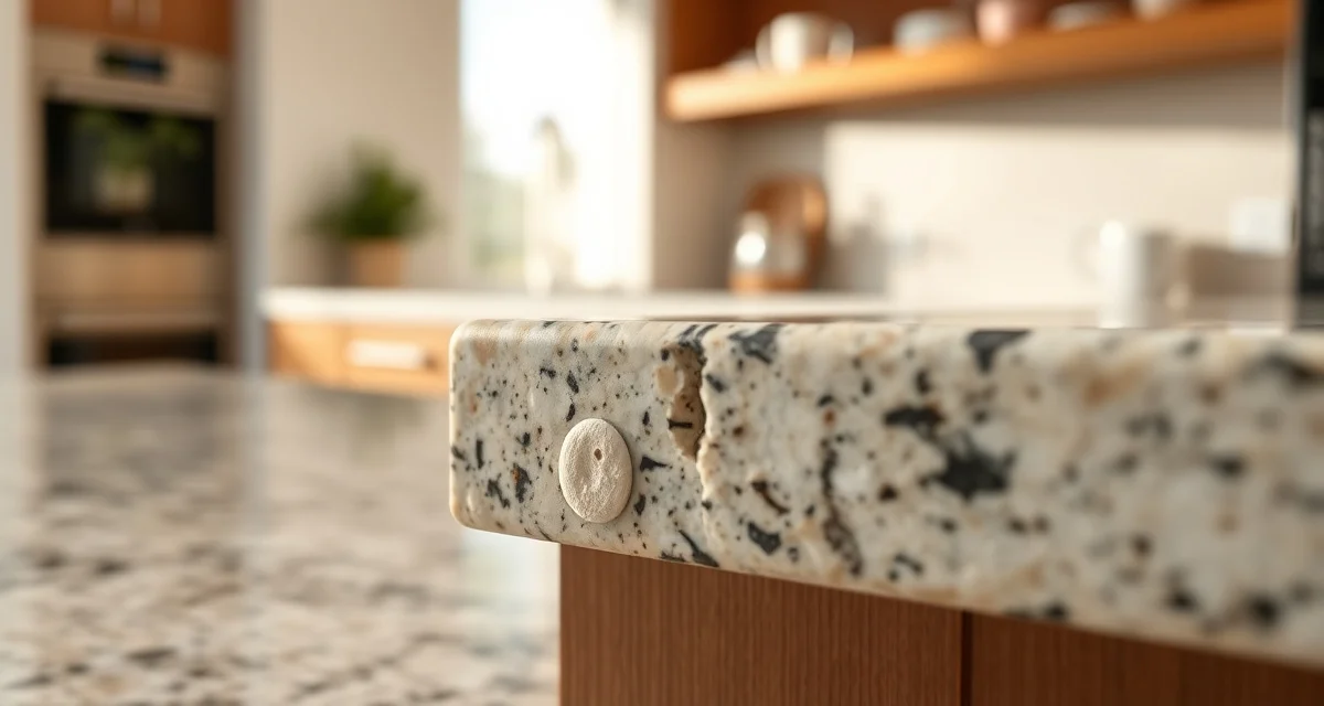 Stone countertop chip damage example Close-up of a chipped countertop edge showing impact damage on stone surface near corner area.