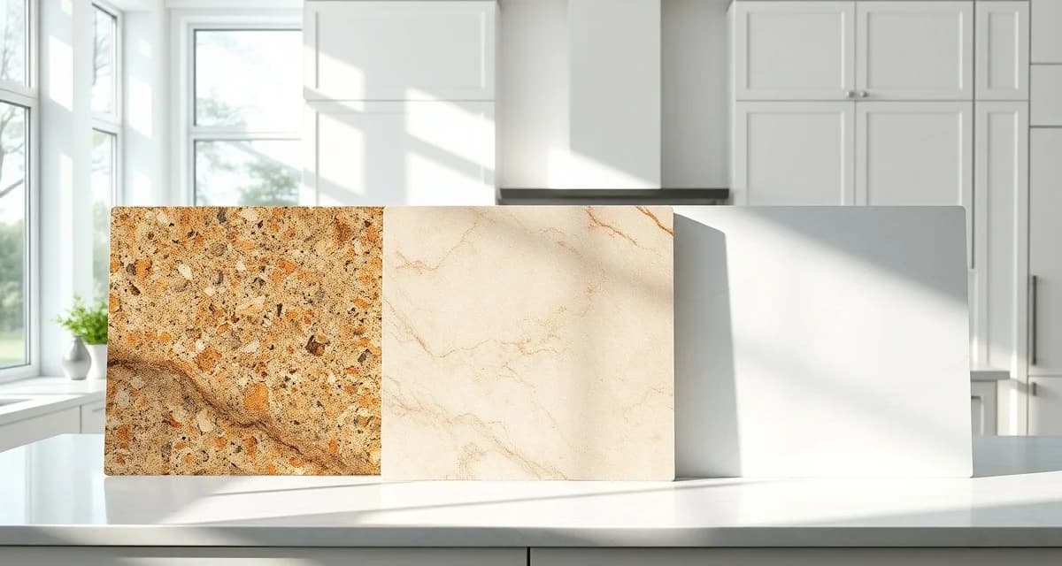 Stone countertop color comparison in natural light Three countertop color samples showing granite, marble, and quartz in natural lighting to demonstrate how to choose countertop color.