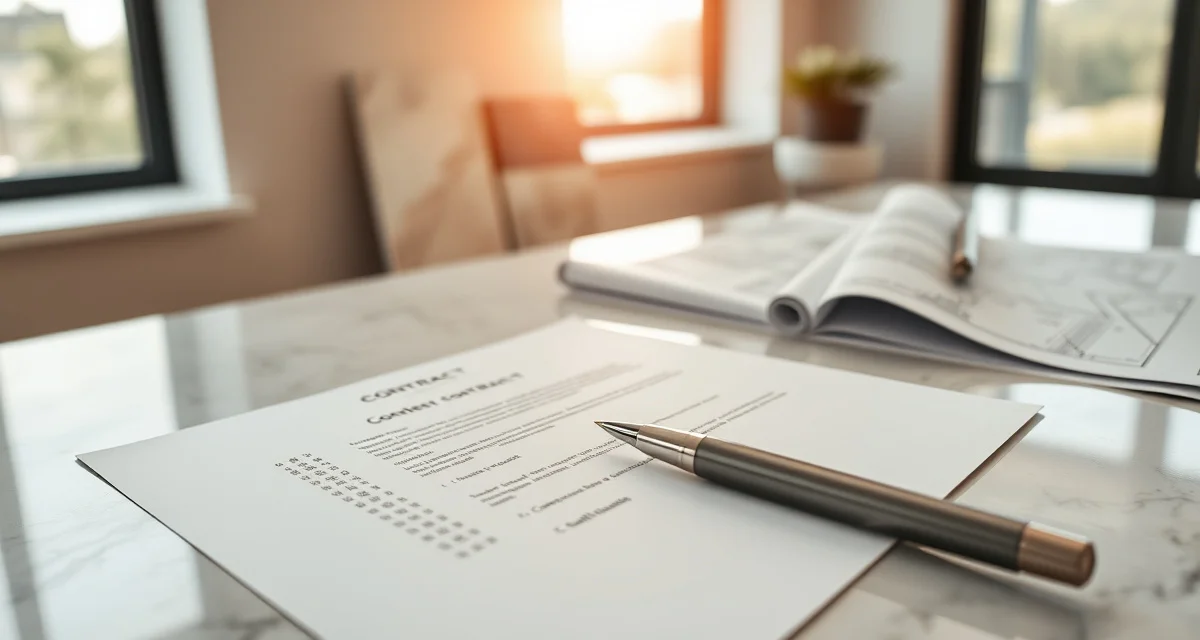 Countertop contract review guide Detailed countertop contract document with pen and stone samples on professional workspace, representing stone fabrication agreement review.