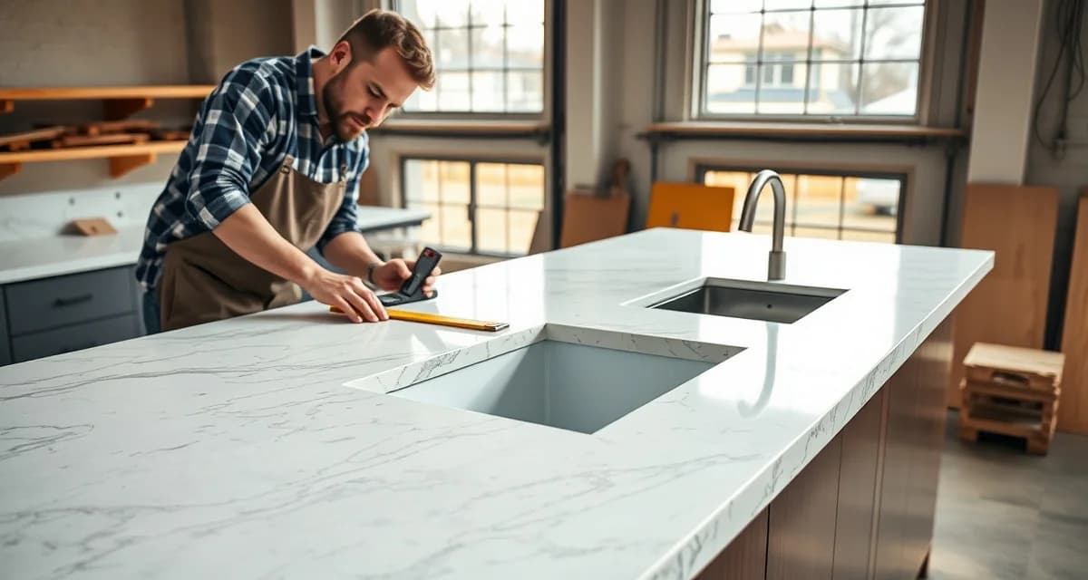 Countertop fabrication and installation process Professional installer measuring and fitting a premium stone countertop with sink cutout during kitchen installation project.