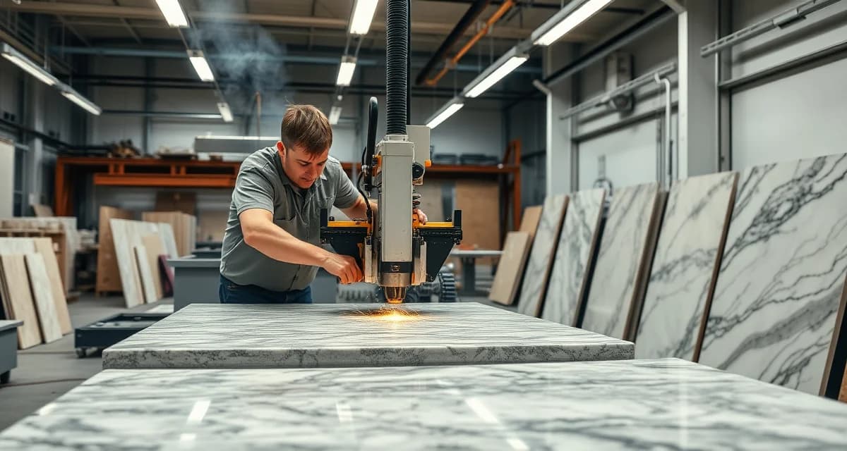 Stone fabrication workshop cutting countertops Professional stone countertop cutting on CNC router machine at fabrication shop with precision stone shaping