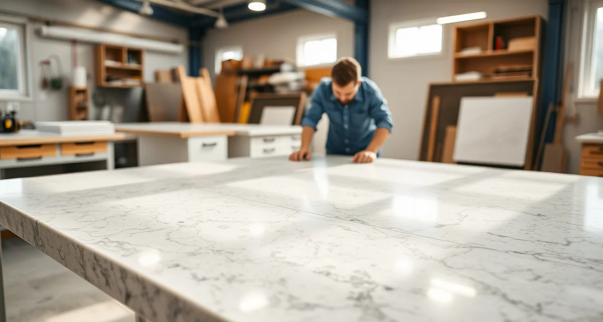 Stone countertop fabrication deposit process Countertop fabricator measuring stone slab for custom kitchen countertop project in professional workshop