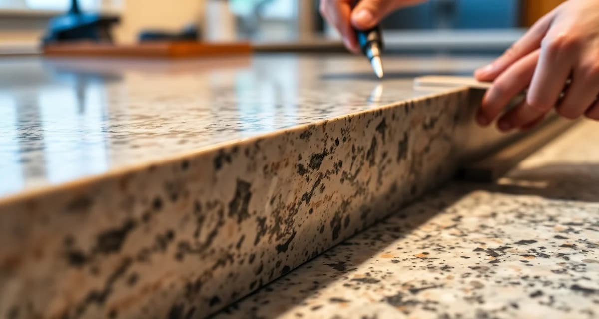 Professional countertop edge modification and finishing Close-up of countertop edge profiling work showing different edge styles and fabrication techniques for stone surfaces.