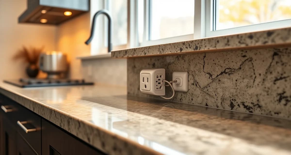 NEC code-compliant countertop outlet installation Kitchen countertop installation showing proper electrical outlet placement and GFCI protection requirements for stone countertops