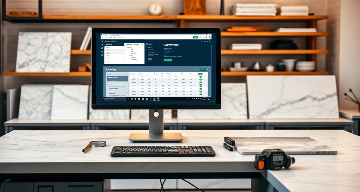 Digital estimating tools for stone fabrication businesses Countertop estimating software interface displayed on computer screen in a modern fabrication shop workspace