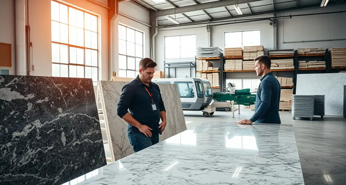 Stone fabrication shop startup essentials Modern countertop fabrication shop with workers reviewing stone slabs and equipment for starting a fabrication business