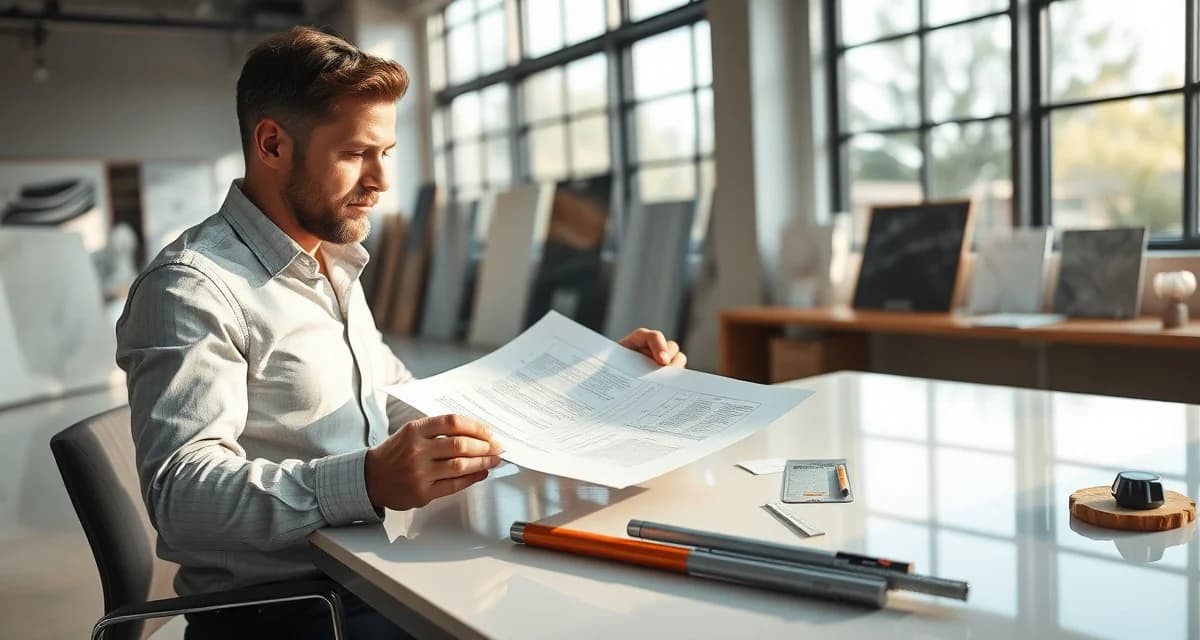 Legal contract review for stone fabrication businesses Countertop fabrication shop manager reviewing customer agreement template with stone samples on desk
