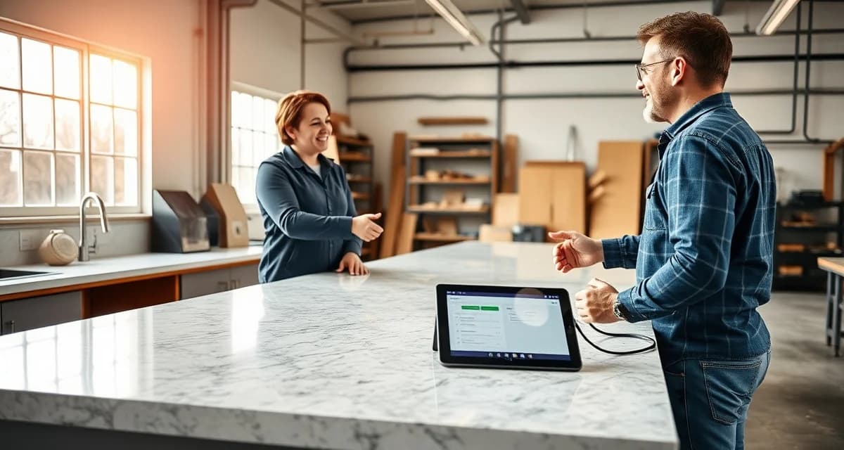 Customer satisfaction in stone countertop fabrication business 2026 Countertop fabrication shop owner discussing customer satisfaction metrics and digital communication tools with satisfied homeowner near completed stone installation.