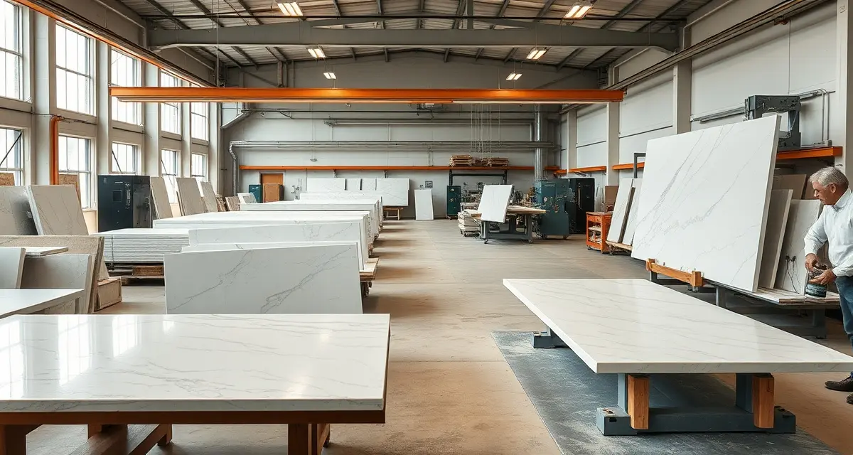 2026 fabrication cycle time benchmarks visualization Countertop fabrication shop demonstrating cycle time optimization with organized workflow stages and processing equipment