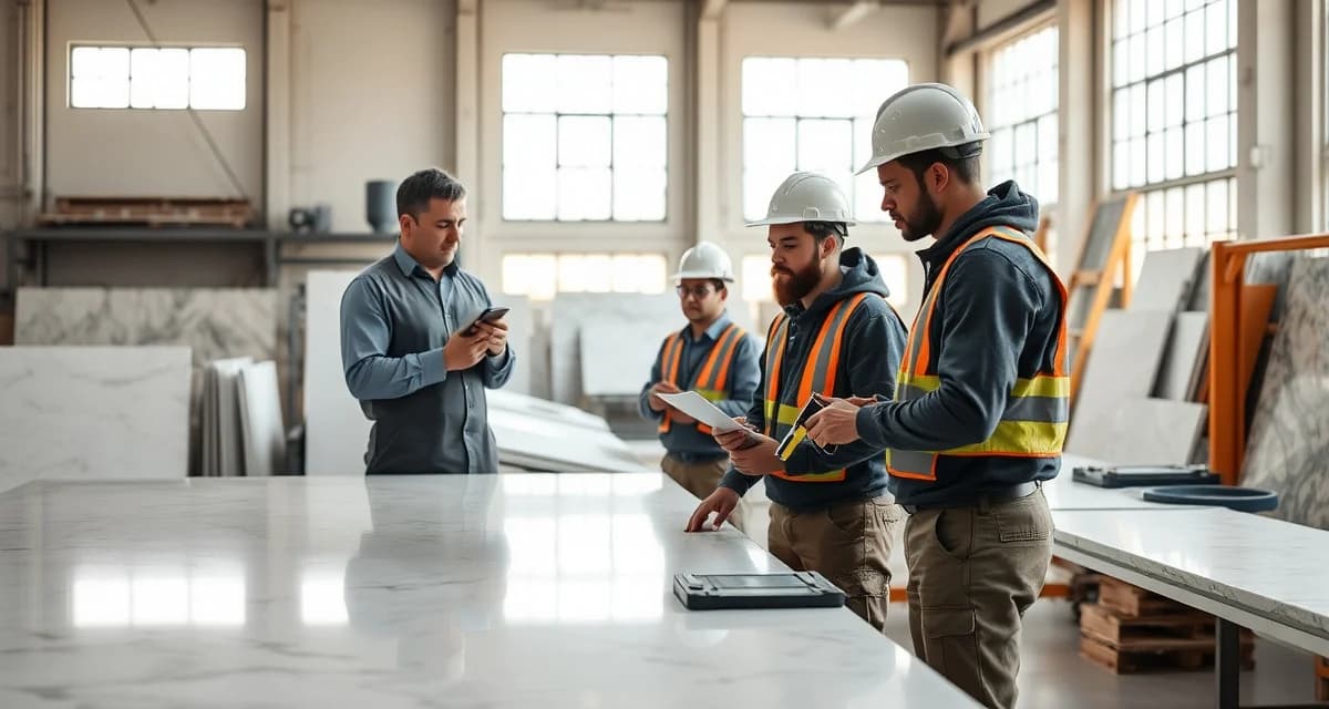 Professional training program for stone fabrication workers Countertop fabrication supervisor training employees on safety protocols and equipment operation at a modern stone shop.