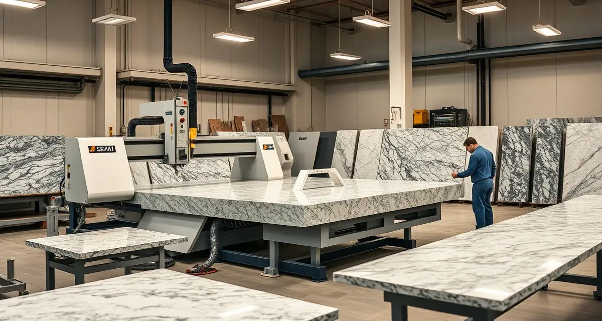 Essential fabrication equipment for stone countertop shops Modern stone countertop fabrication shop equipment including CNC bridge saw, edge polisher, and templating system for stone countertop production