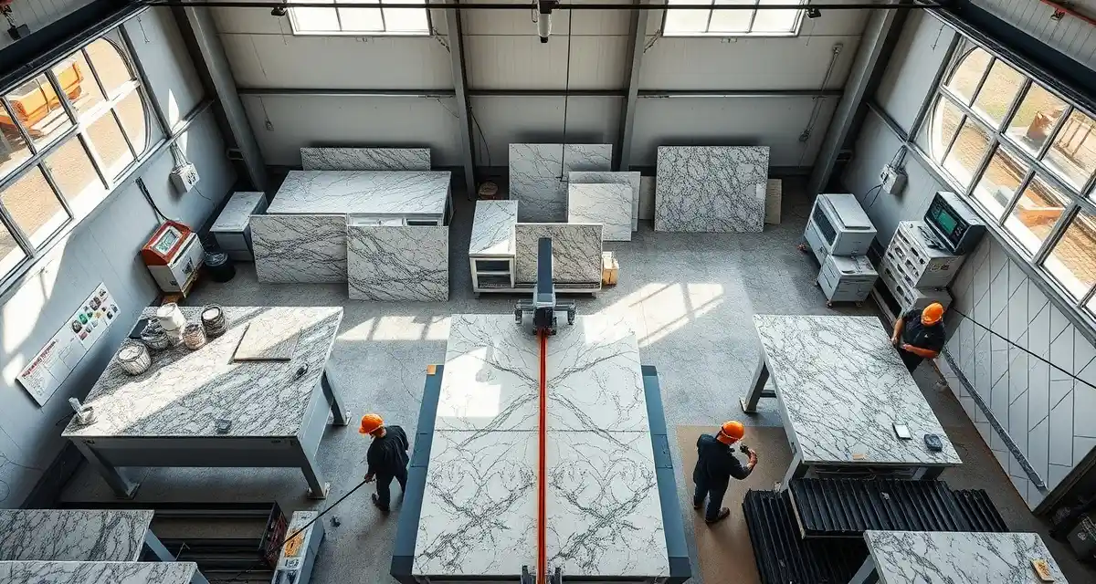 2026 Countertop Fabrication Industry Trends Modern stone countertop fabrication shop with workers using advanced equipment to cut and install granite and quartz slabs in 2026