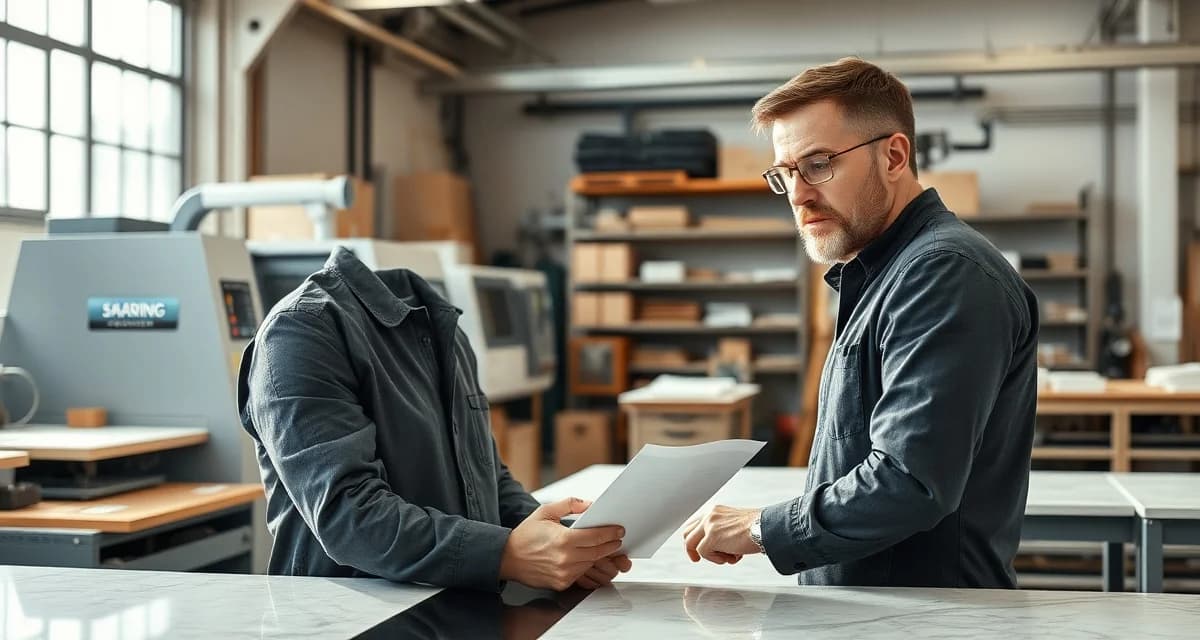 Solving fabrication worker shortage strategies Fabrication shop manager addressing labor shortage solutions in modern stone countertop fabrication workspace with CNC equipment