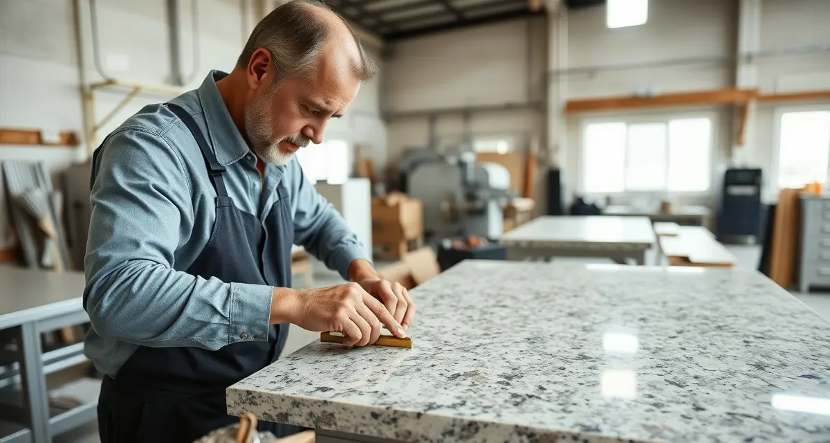 Stone countertop fabrication market analysis and revenue data Countertop fabrication market size overview showing stone cutting and installation process in a modern fabrication shop workspace