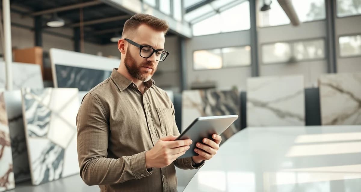 Marketing FAQ for stone countertop fabricators Countertop fabrication shop owner reviewing marketing FAQ and strategies on tablet in modern stone showroom with granite and quartz displays.