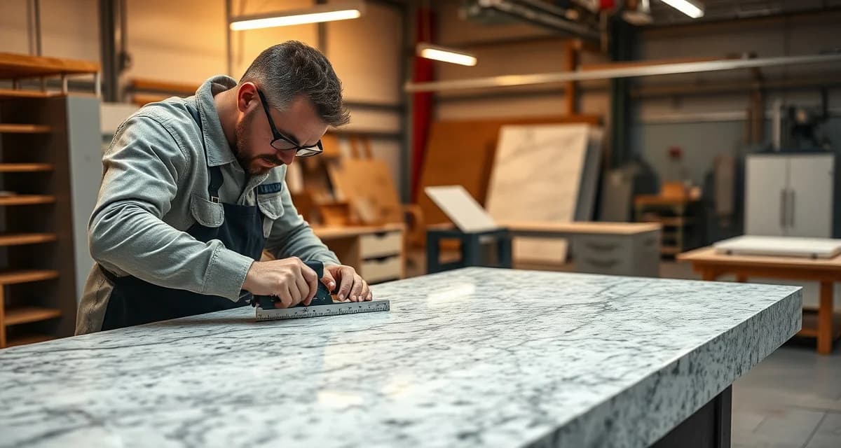 Countertop fabrication pricing process Stone countertop fabricator measuring and marking a slab for custom pricing and fabrication work in a professional shop