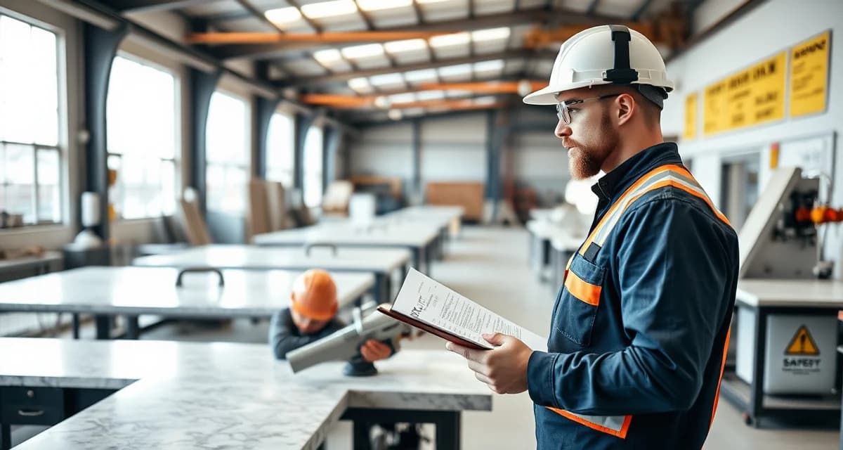 Professional Safety Audit Process for Fabrication Shops Safety audit checklist being conducted in a professional stone countertop fabrication shop with OSHA compliance inspection