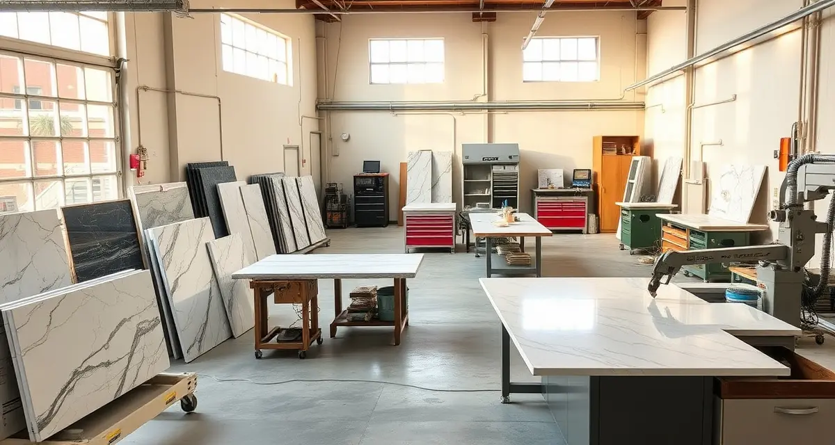 Professional fabrication shop setup and operations Modern countertop fabrication shop with organized stone slabs, cutting equipment, and organized workspace for new shop setup