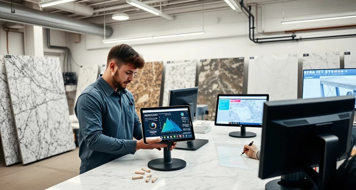 Software adoption trends in countertop fabrication shops Countertop fabrication shop manager reviewing software adoption statistics on digital display in modern stone fabrication facility