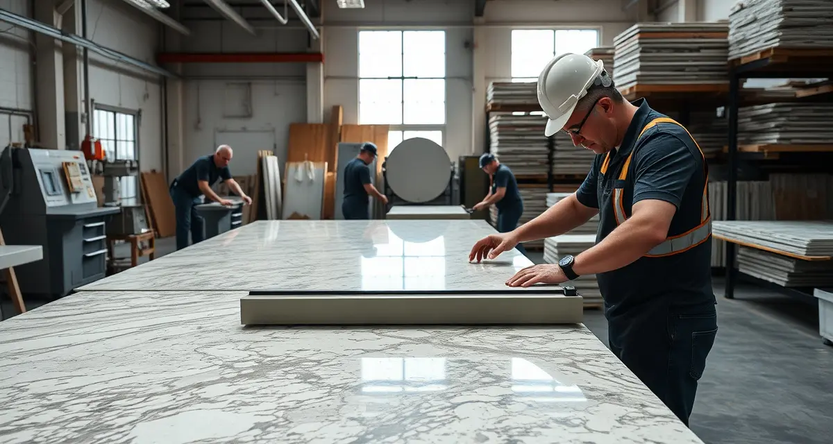 Boston countertop fabrication workshop management Modern countertop fabrication shop in Boston with workers measuring granite and quartz slabs using specialized equipment