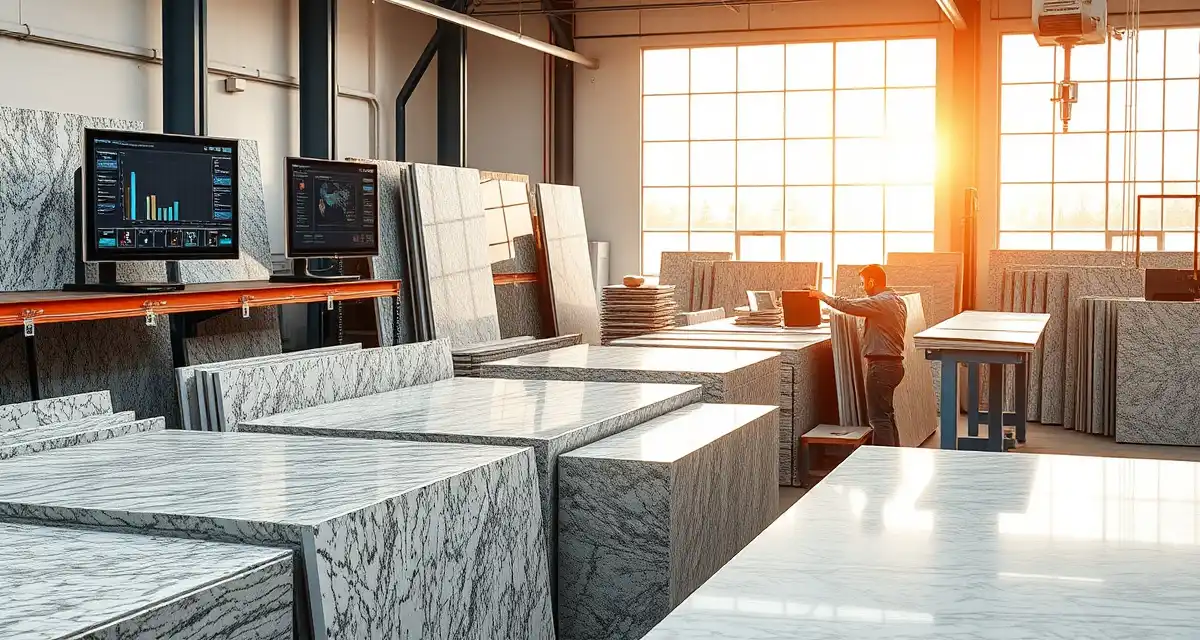 Residential countertop fabrication management software Countertop fabrication software interface displayed on tablet during custom residential stone slab design and measurement process in professional shop.
