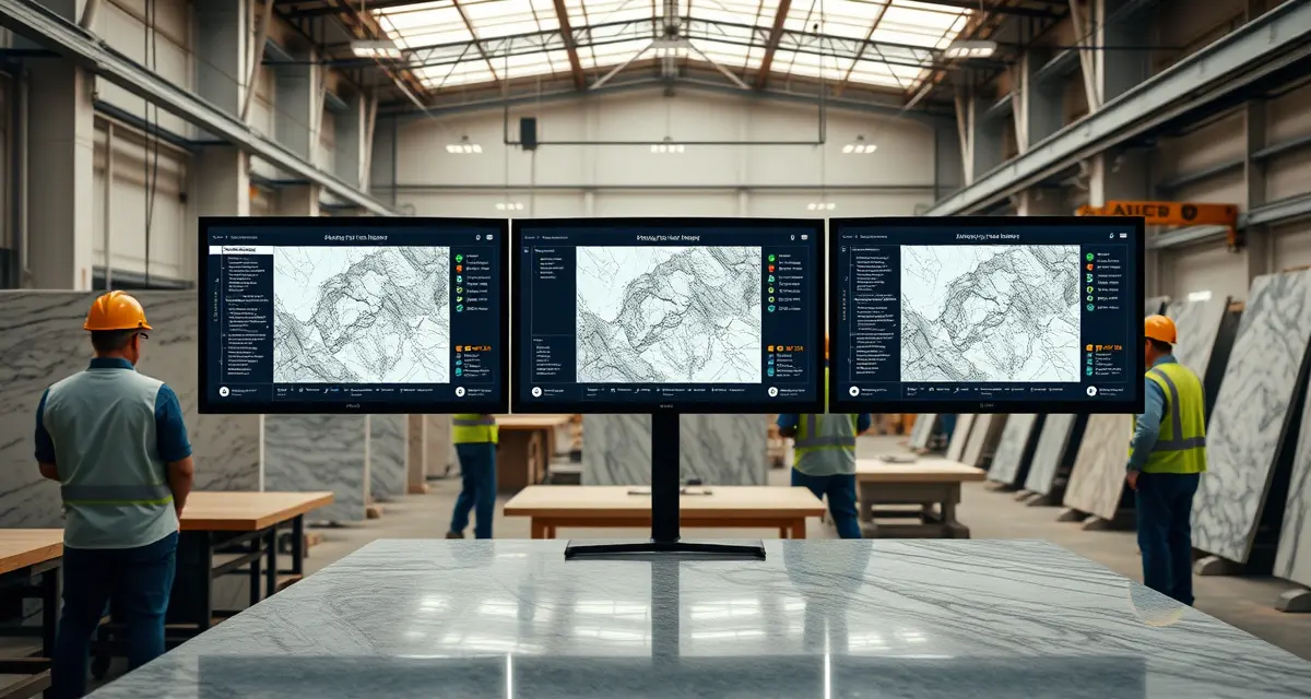 Enterprise countertop software for large fabricators Modern countertop fabrication shop using enterprise software for slab nesting and job management across multiple crews