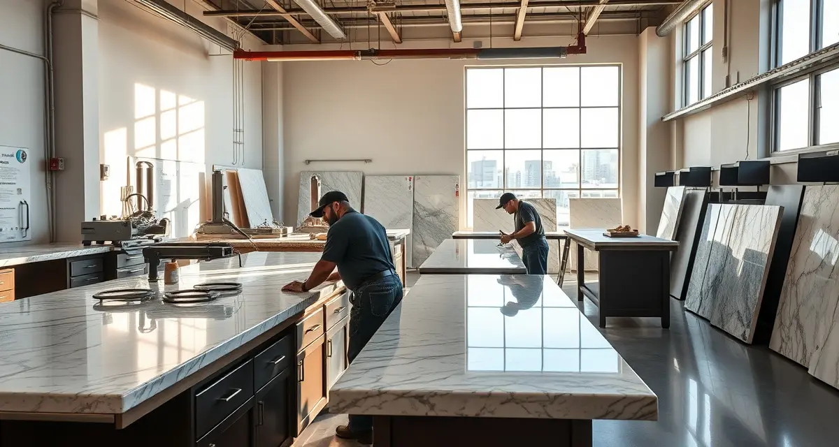 Vegas Countertop Shop Operations Modern countertop fabrication shop in Las Vegas showing stone slab production and management for hospitality and residential markets.