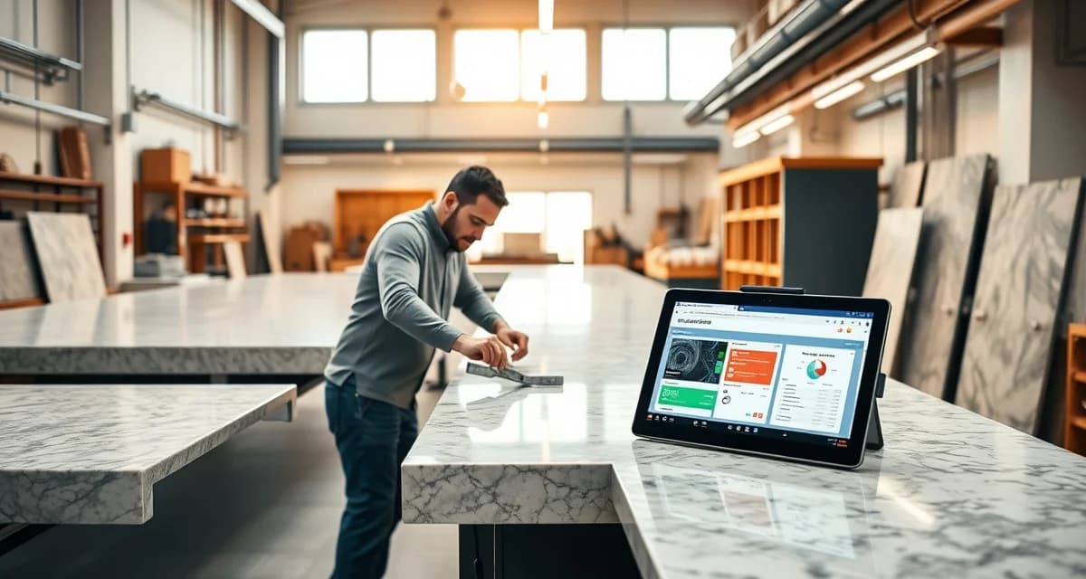 LA countertop shop management software interface Modern countertop fabrication shop in Los Angeles using specialized software to manage stone slab operations and production scheduling.