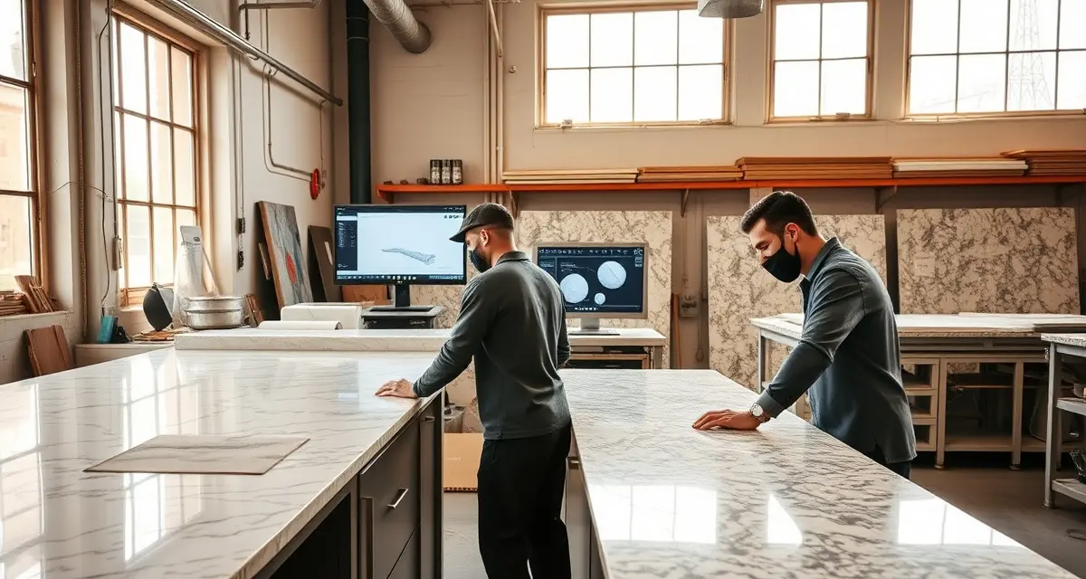 SlabWise countertop management software for NY fabricators Modern countertop fabrication shop using specialized software to manage stone slab inventory and production workflows