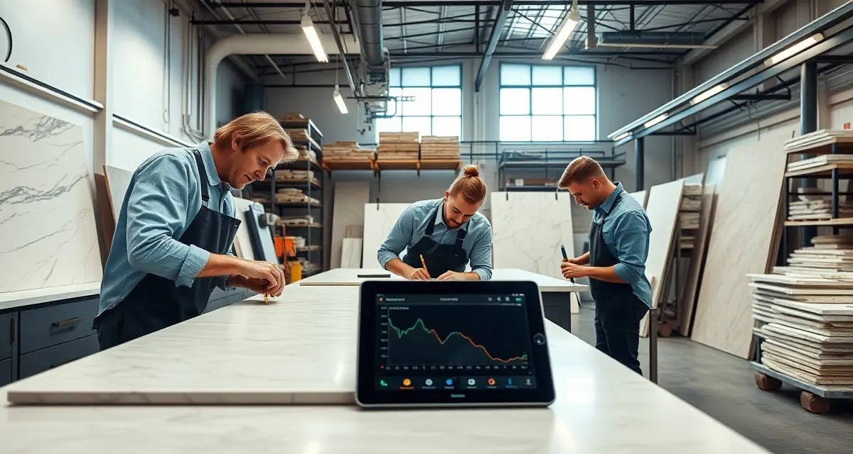 NYC Countertop Fabrication Shop Management Modern countertop fabrication workshop in New York showing stone cutting equipment and digital management software for shop operations.