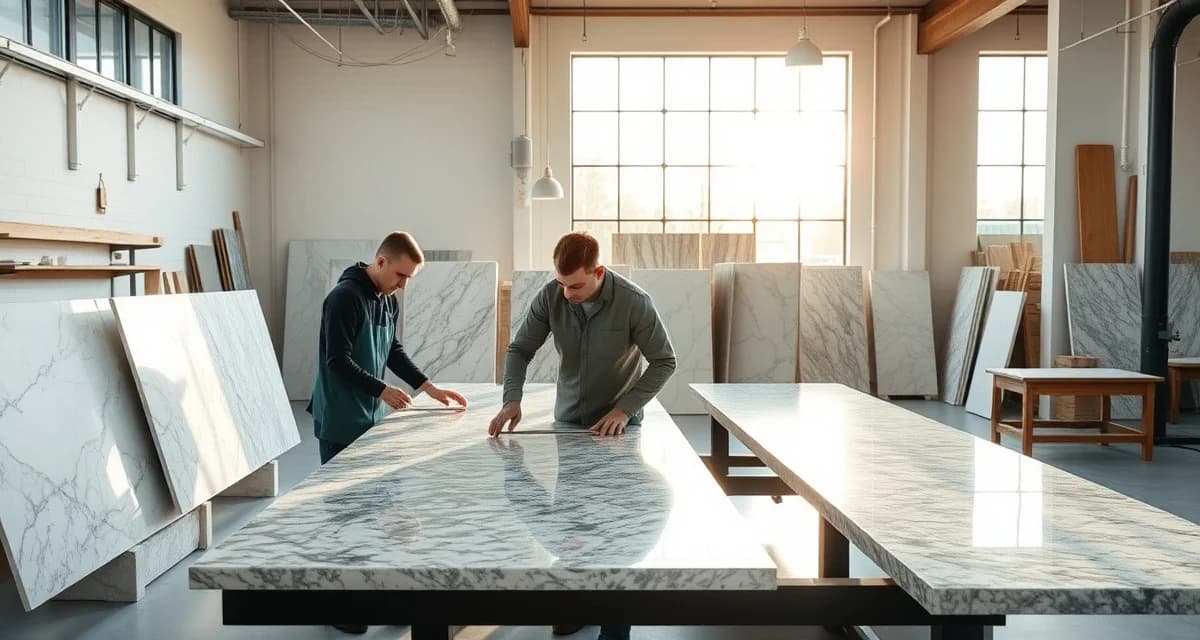 Portland countertop shop using specialized fabrication software Modern countertop fabrication shop in Portland with organized stone slabs and skilled craftsmen using specialized software management tools