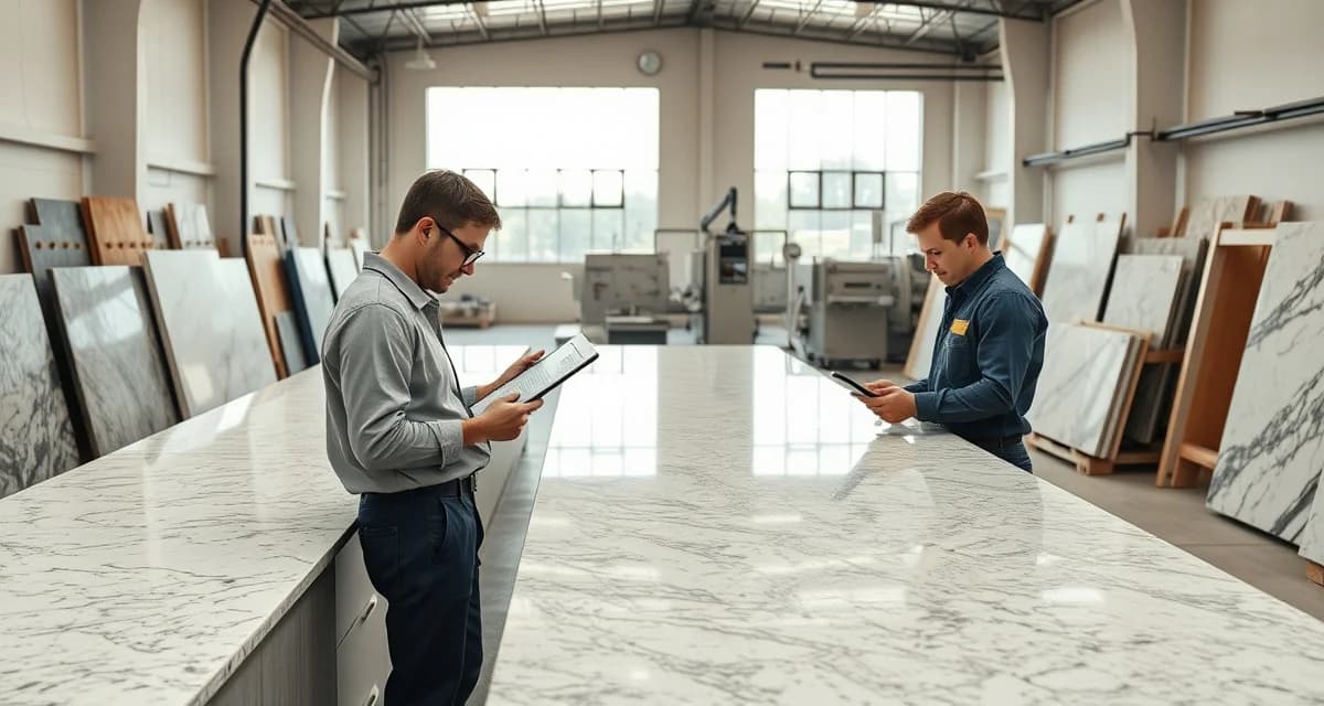 Streamlined countertop shop workflow Organized stone countertop fabrication workshop showing efficient workflow stations and digital production management system