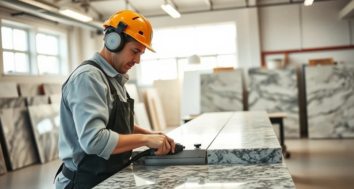 Professional countertop fabrication work environment Skilled countertop fabricator working with precision tools to shape stone materials in a professional fabrication shop.