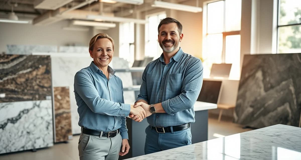 Building successful contractor relationships in countertop fabrication Countertop fabricator and contractor building a strong business partnership in a modern stone showroom with premium slab samples.