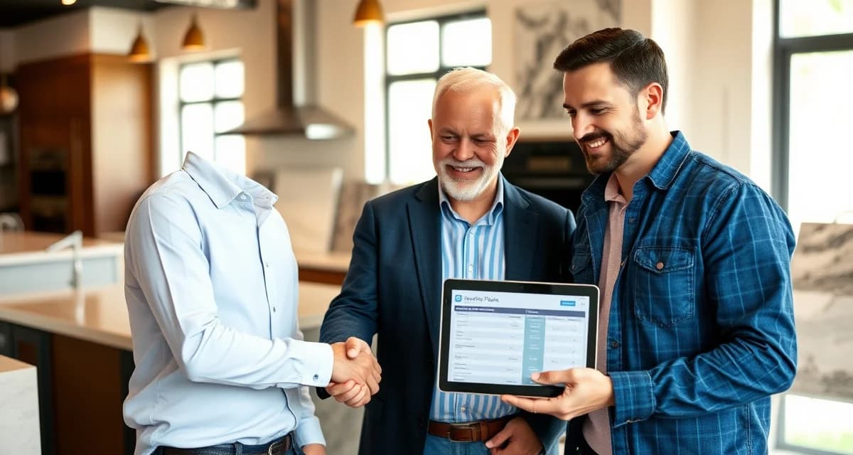 Customer financing solutions for countertop shops Countertop fabricator discussing financing options with customer in professional showroom setting with stone samples and payment documents