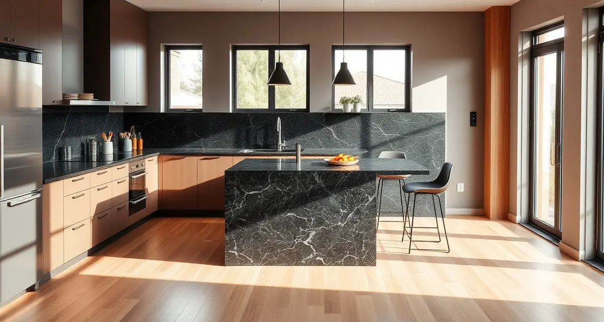Coordinating countertop and floor surfaces for kitchen design Modern kitchen with dark granite countertops and light wood flooring in coordinated colors that create depth and visual interest