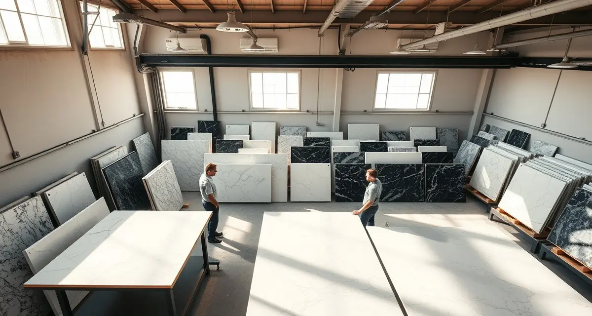 2026 Countertop Market Data and Material Analysis Countertop industry market statistics showing quartz and granite slabs in a professional fabrication shop workspace