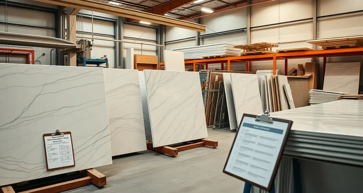 Install readiness quality control process Organized stone countertop slabs staged and labeled for installation readiness verification at fabrication shop