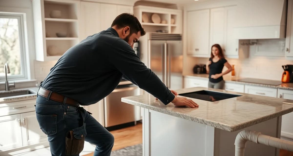 Stone countertop being installed on kitchen cabinets Professional stone countertop installation in progress with protective measures and organized workspace setup