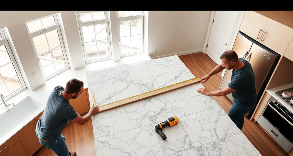 Countertop fabricators managing installation logistics and crew scheduling Professional countertop installation crew positioning and measuring a large granite slab during kitchen installation with precision tools and scheduling coordination visible.