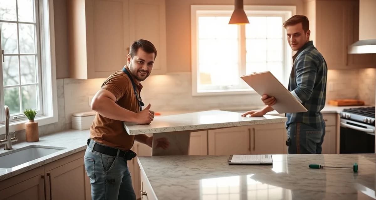 On-time countertop installation team Professional countertop installation team precisely positioning a stone slab during a kitchen renovation project