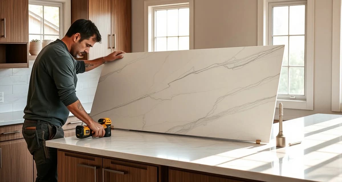 Expert stone countertop installation process Professional countertop installation crew carefully positioning and dry-fitting stone slab onto kitchen cabinets during installation day