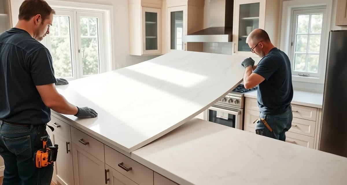 Stone countertop installation crew performing dry-fit adjustment Professional installers positioning a stone countertop slab during the dry-fitting phase of countertop installation on kitchen cabinets.