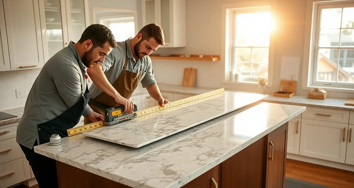 Professional countertop installation crew at work Countertop fabrication crew installing a granite slab on-site with measurement tools and professional equipment
