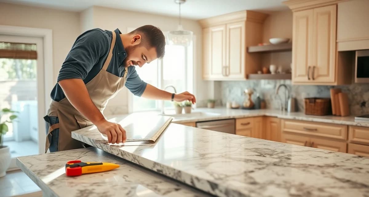 Countertop Installation Process Timeline Professional countertop installation showing technician placing stone slab during residential kitchen installation process