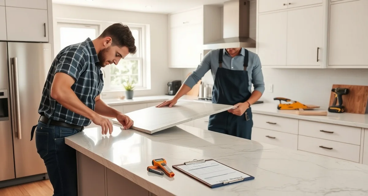 Stone countertop installation phases and scheduling Professional countertop installation timeline showing stone slab fabrication and kitchen countertop measurement process