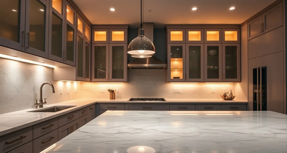 Layered countertop lighting design for stone surfaces Modern kitchen countertop lighting setup showing under-cabinet LED lights, pendant fixtures, and ambient illumination enhancing stone surfaces