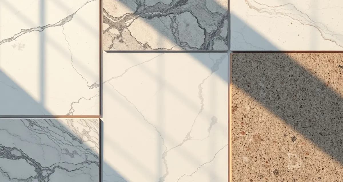 2026 Countertop Material Market Share Comparison Polished countertop material samples including quartz, granite, marble and quartzite showing 2026 market share distribution for fabrication shops