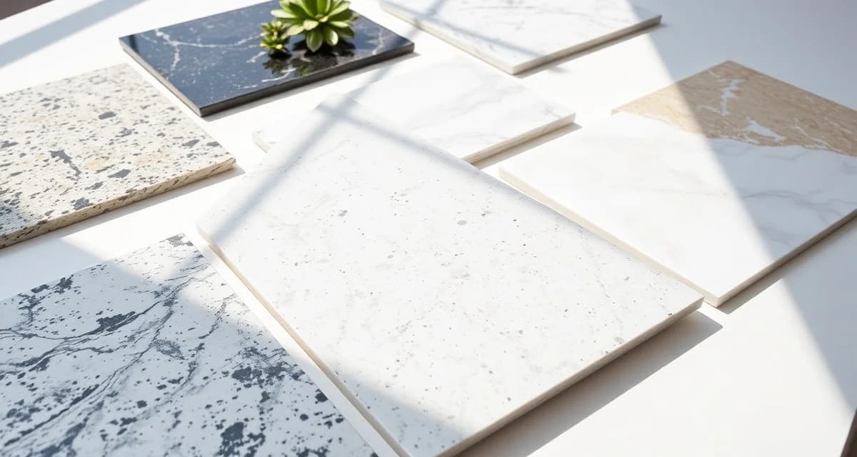 Stone countertop material samples for evaluation Multiple polished stone countertop samples displaying different granite, quartz, and marble colors and patterns for material comparison and selection.