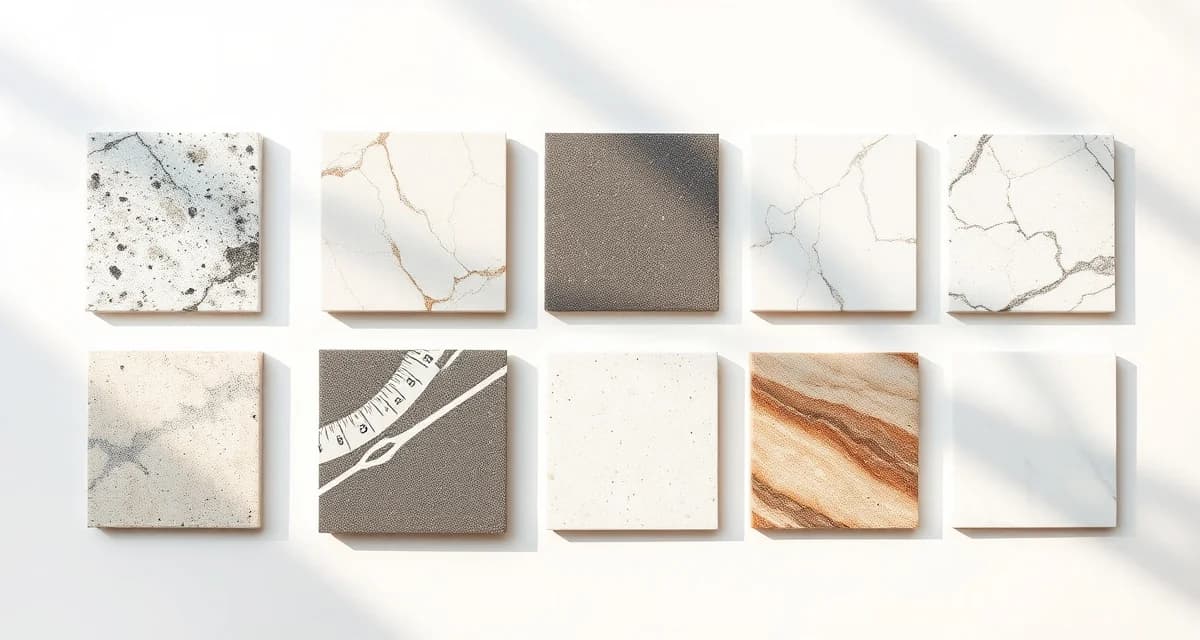 Stone and quartz countertop sample materials Countertop material samples displaying granite, marble, and quartz options arranged for comparison and selection.